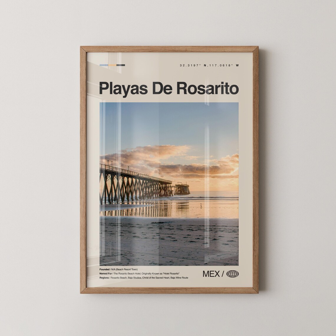 Playas de Rosarito Mexico Poster Beach Pier Sunset Baja Travel Decor