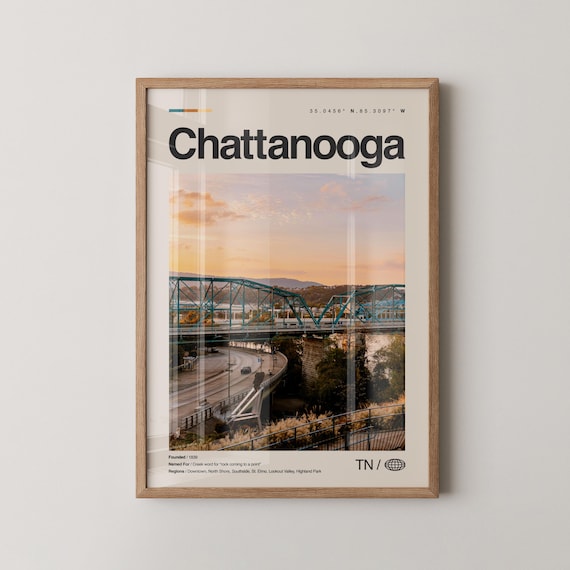 Chattanooga Print Real Photo Travel Art Poster Mid Century Minimal Wall Map Tennessee