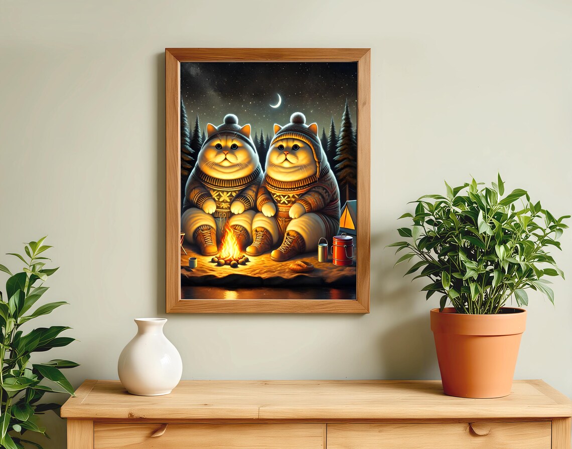 Two Chubby Cats Camping by a Campfire Under the Moon Humor Poster