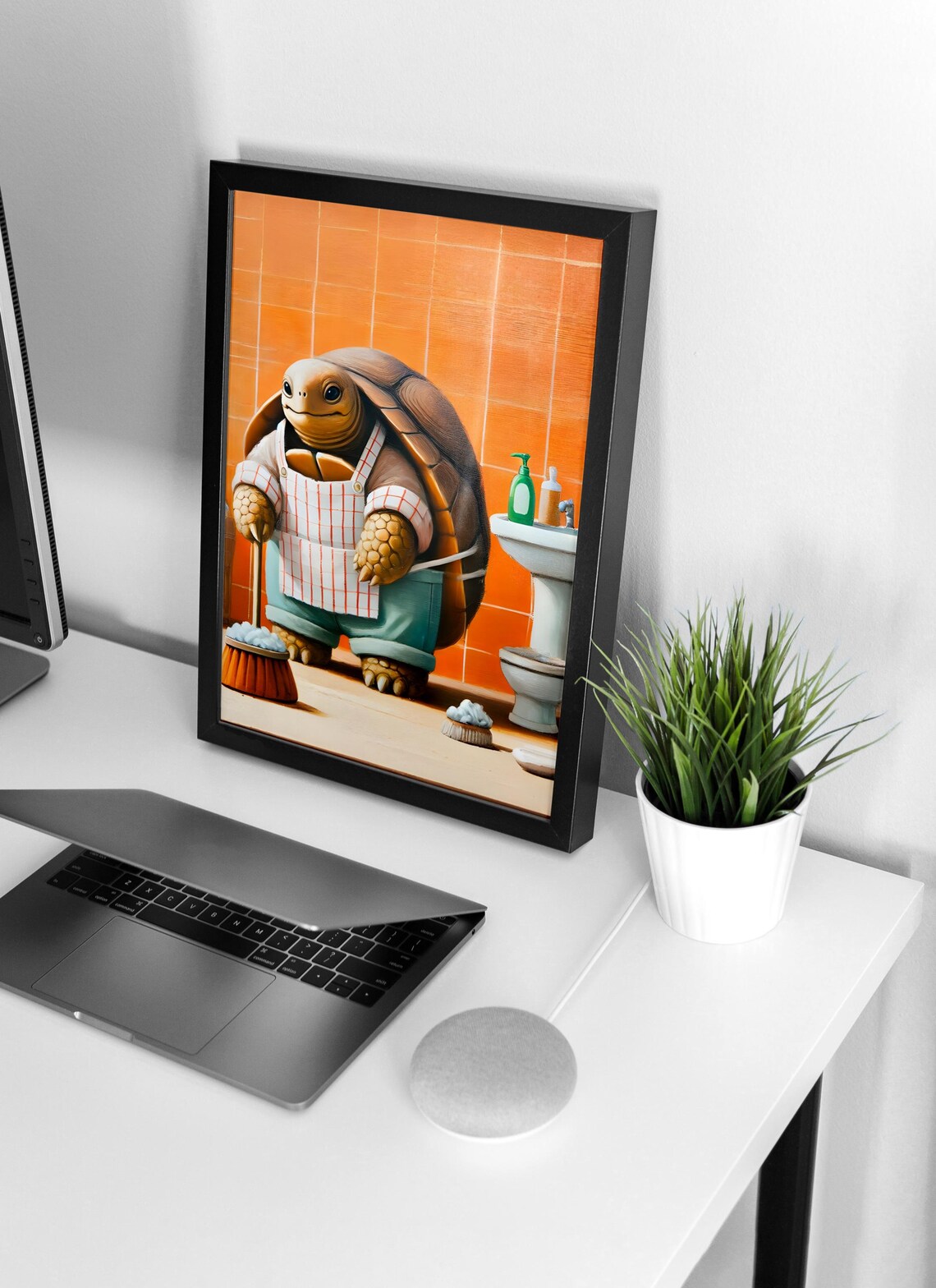 Turtle Mopping the Bathroom Floor in Apron Funny Animal Poster - Image 4