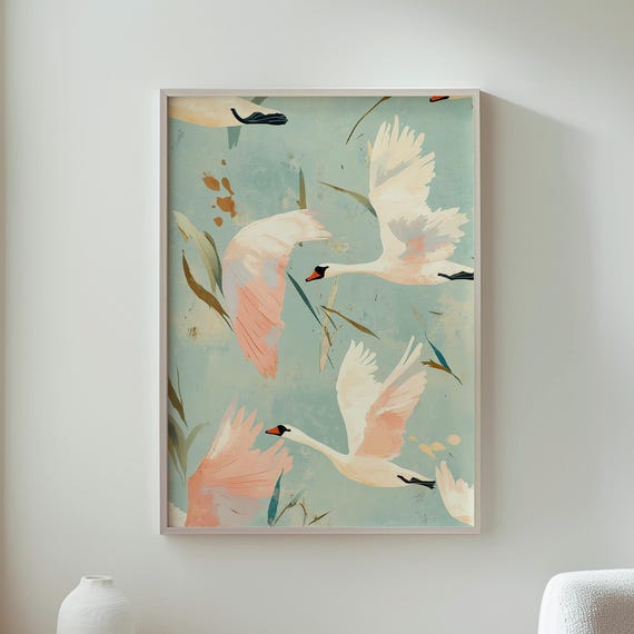 White Swans Flying Pastel Sky Wall Art Garden Poster Plant Greenery Decor Home And Office Decoration