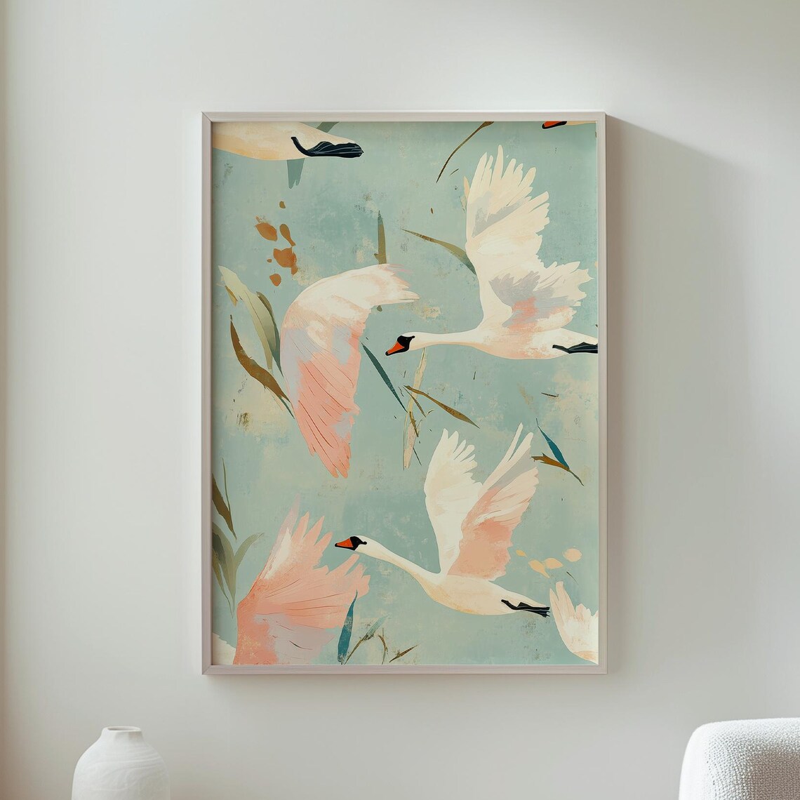 White Swans in Flight Across Pastel Blue Sky Garden Art Poster