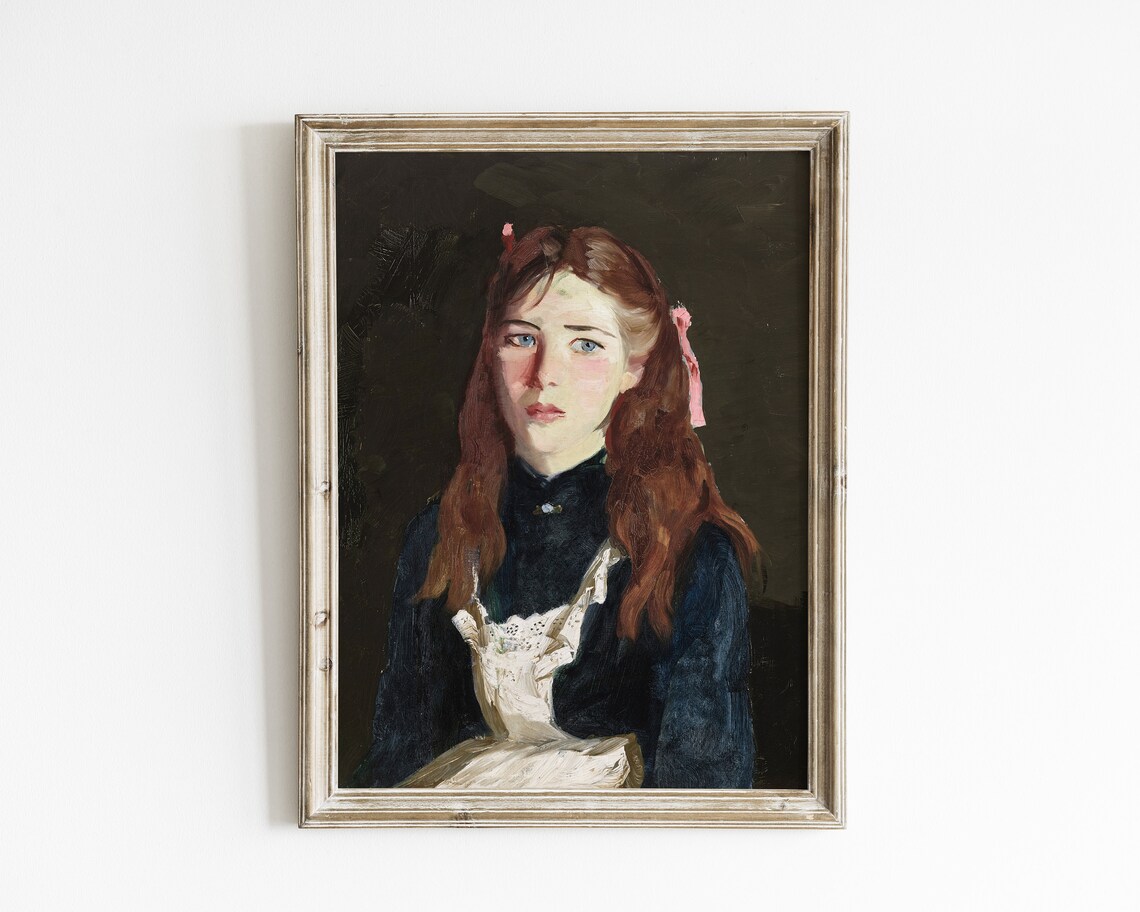 Portrait of a Girl with Auburn Hair and Pink Ribbons Dark Oil Poster