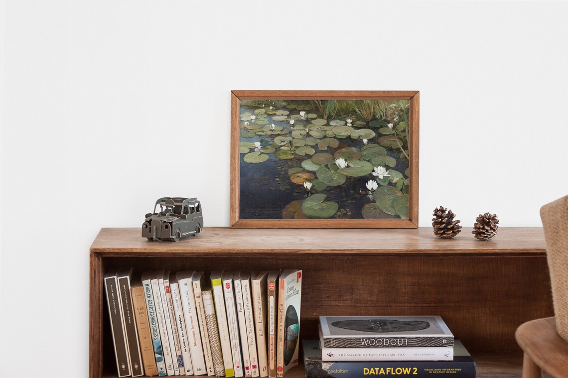 Vintage Lily Pad Pond, French Country Landscape Print - Image 2