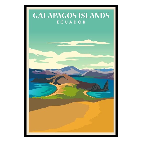 Galapagos Islands Ecuador Volcanic Coast Vintage Travel Poster