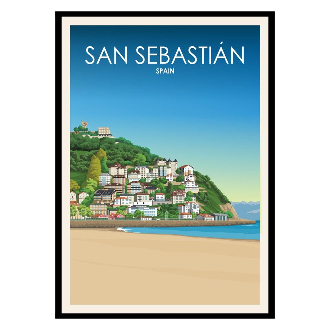 San Sebastian Spain Beach Hill Town Vintage Travel Art Poster