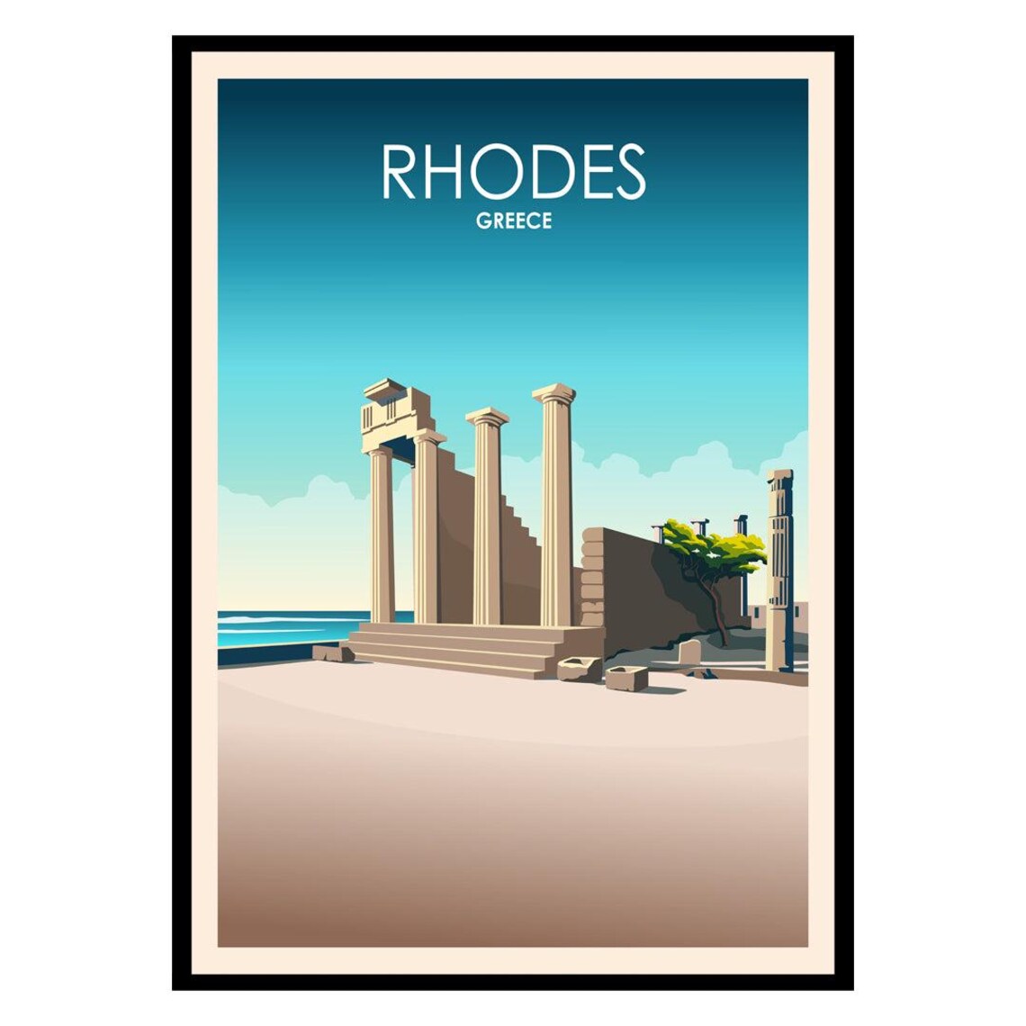 Rhodes Greece Ancient Temple Ruins Seaside Vintage Travel Poster