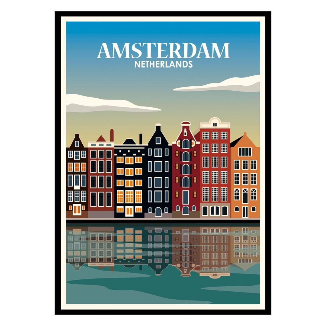 Amsterdam Netherlands Canal Houses Reflection Vintage Travel Poster