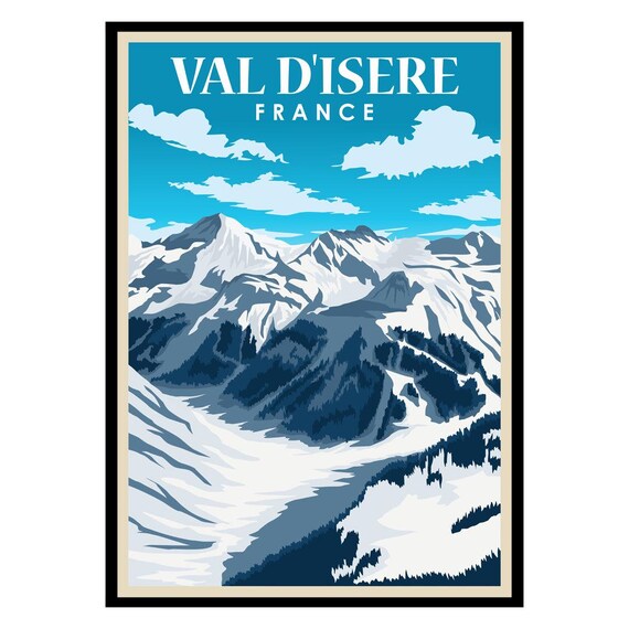 Val d'Isere France Snowy Alpine Peaks Ski Resort Vintage Travel Poster