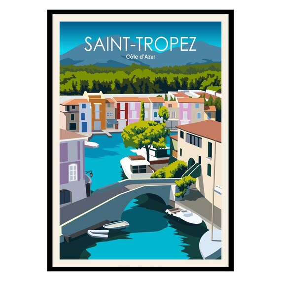 Saint-Tropez Cote dAzur Harbor Bridge Village Vintage Travel Poster