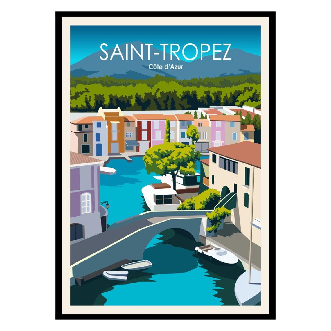 Saint-Tropez Cote dAzur Harbor Bridge Village Vintage Travel Poster