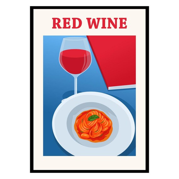 Red Wine and Pasta Retro Food Poster Italian Dinner Table Art