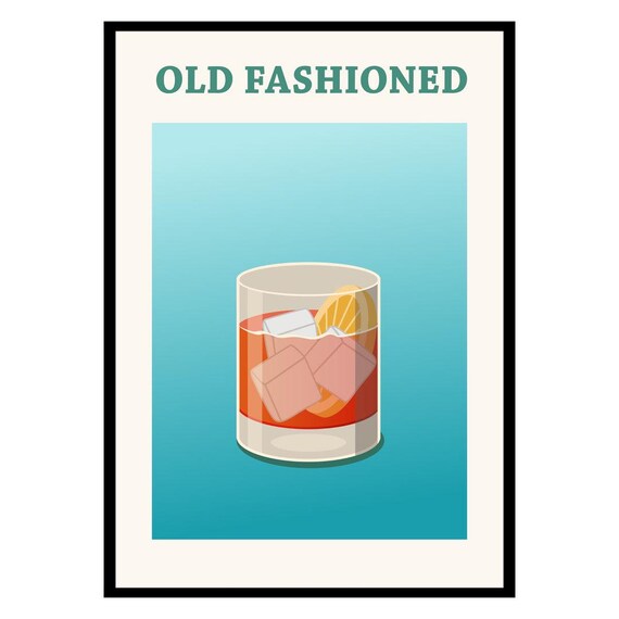 Old Fashioned Whiskey Cocktail Minimalist Teal Blue Print Bar Decor
