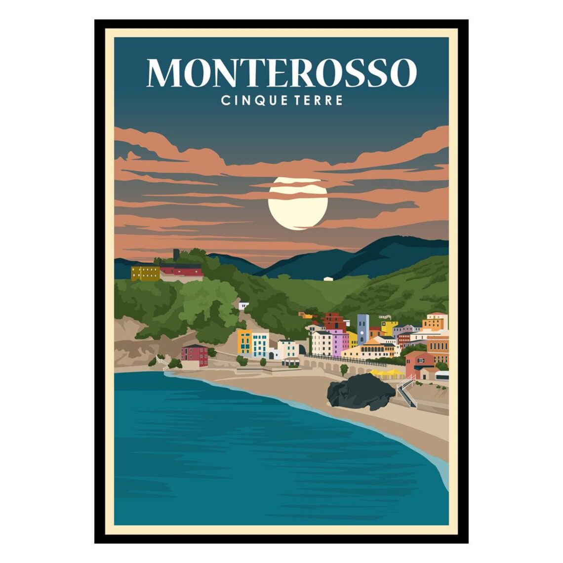 Monterosso Cinque Terre Italy Sunset Coast Vintage Travel Poster