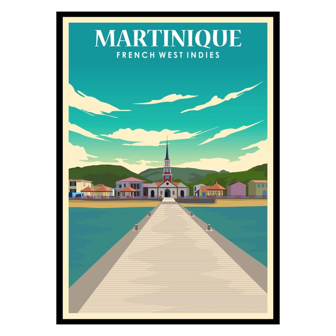 Martinique French West Indies Travel Poster Caribbean Church Pier