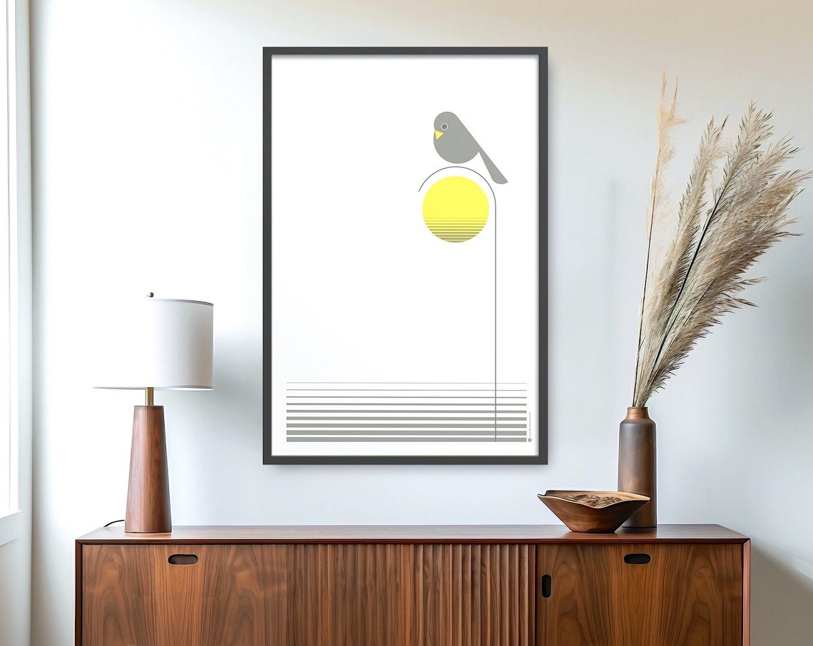 Gray Bird With Yellow Sun on White Minimalist Nature Art Poster - Image 5