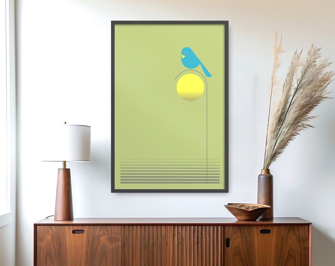 Blue Bird With Yellow Sun on Pale Green Minimalist Art Poster - Image 5