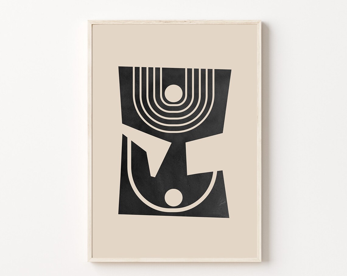 Retro Geometric Abstract Art Black Beige Mid Century Wall Poster