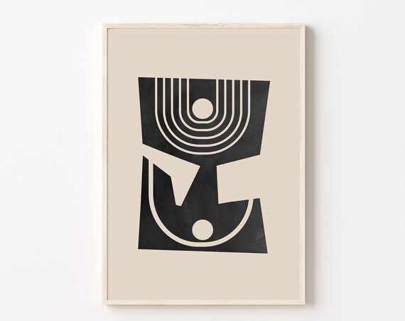 Geometric Mid Century Print Modern Abstract Art Print Beige Black Abstract Wall Art Minimalist Print Living Room Wall Art