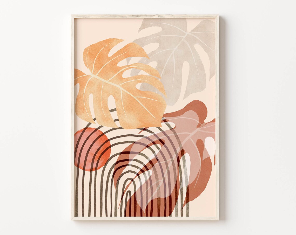 Monstera Leaves Over Striped Arches Terracotta Tropical Art Poster