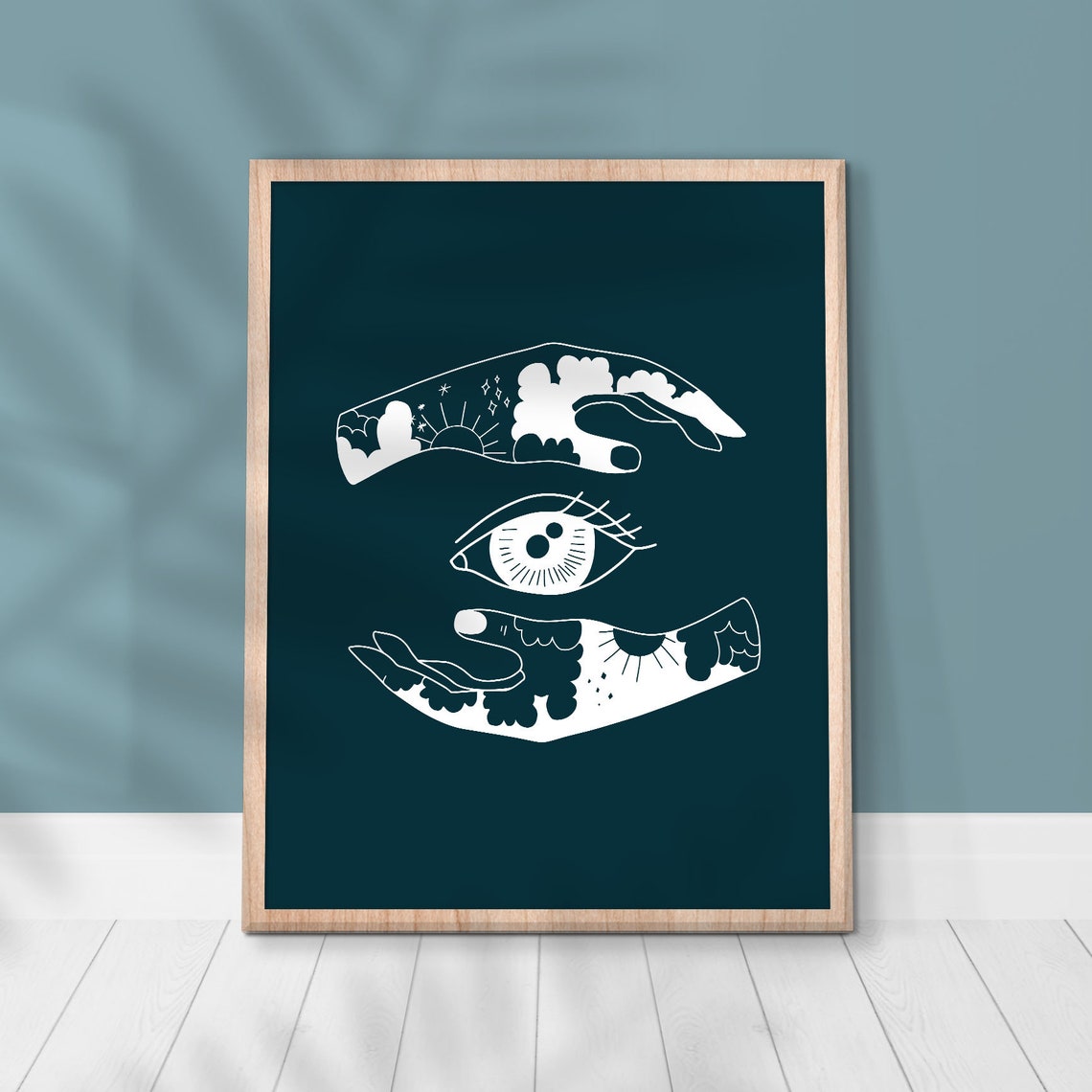 Celestial Hands Protecting Eye Deep Green Mystic Boho Poster - Image 2