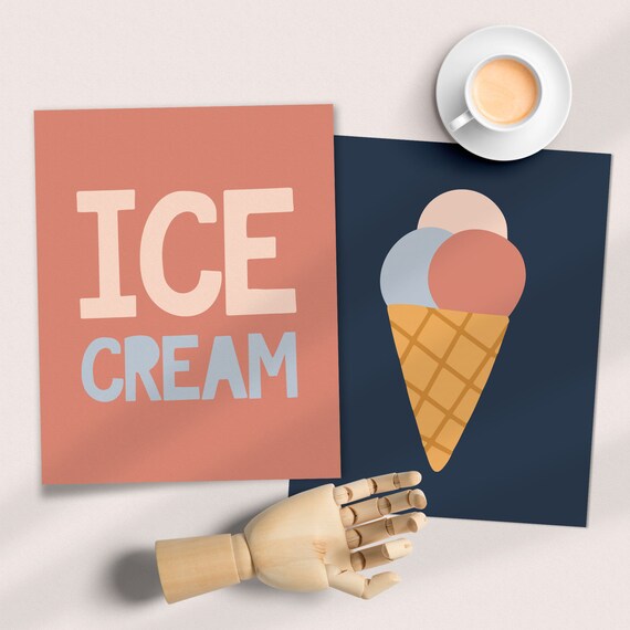 2 Ice Cream Prints Ice Cream Lover Home Decor Kitchen Poster Cute Summer Boho Sign Nursery Print Kitchen Wall Decor Instant