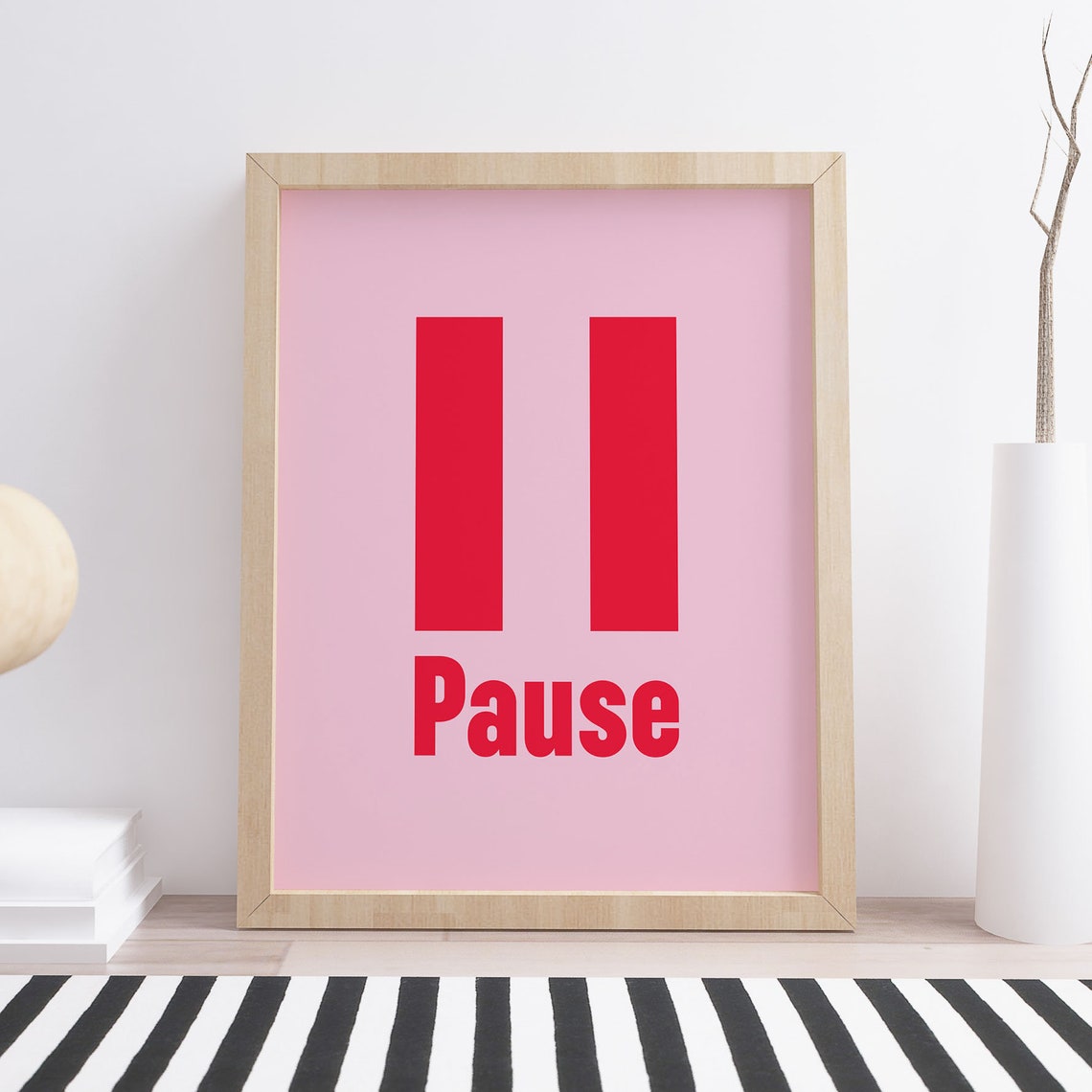 Pause Button Red Pink Minimalist Self Care Quote Modern Decor Poster - Image 2
