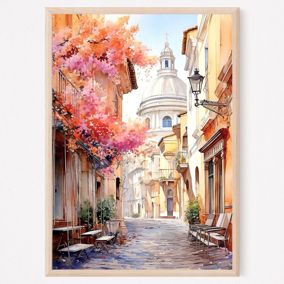 Rome Watercolor Cobblestone Street Blossom Dome Church Italy Poster