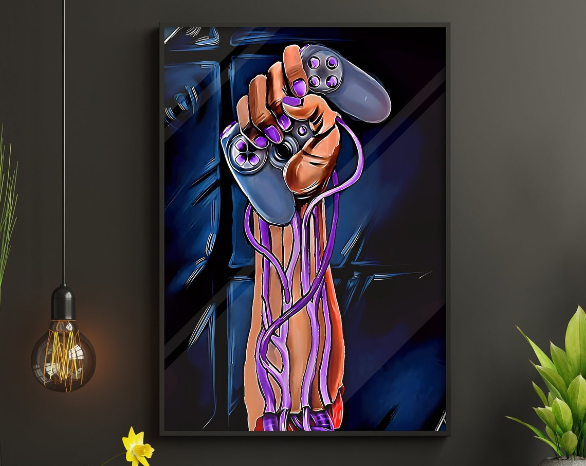 Hand Holding Game Controller Victory Pop Art Purple Neon Gaming Poster