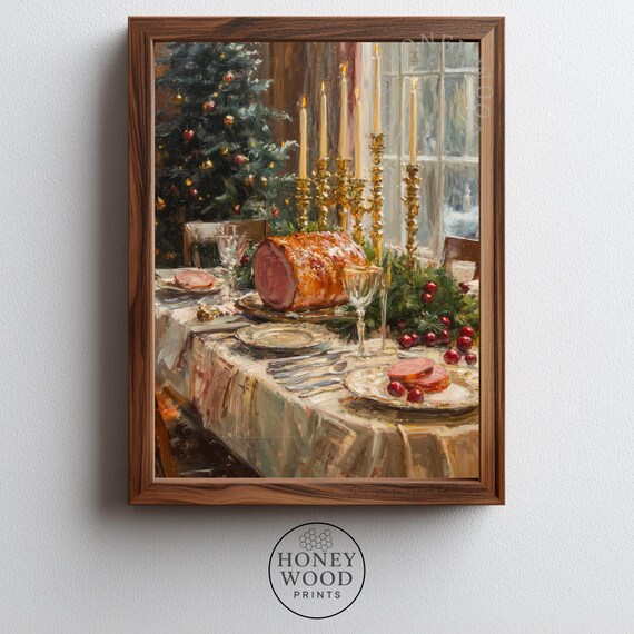 Christmas Dinner Table with Glazed Ham Vintage Holiday Painting Poster