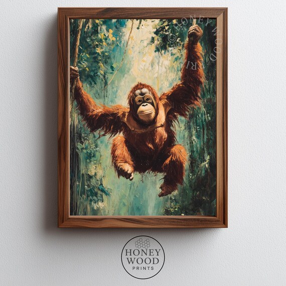 Young Orangutan Tropical Canopy Vibrant Wildlife Jungle Painting Print