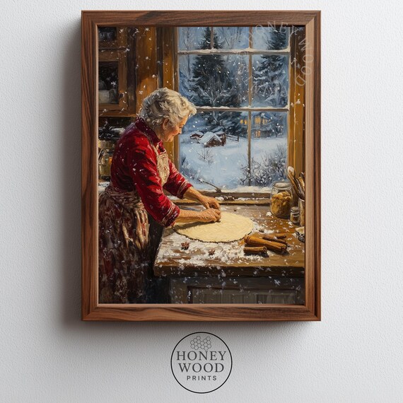 Vintage Mrs Claus Baking Cookies Cozy Christmas Kitchen Painting Print
