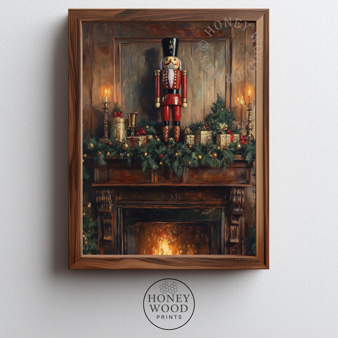 Vintage Nutcracker Soldier on Fireplace Mantel Christmas Oil Painting Print