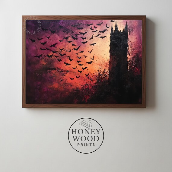 Gothic Bell Tower With Bats Moody Halloween Art Spooky Sunset Scene Dramatic Wall Decor Atmospheric 186