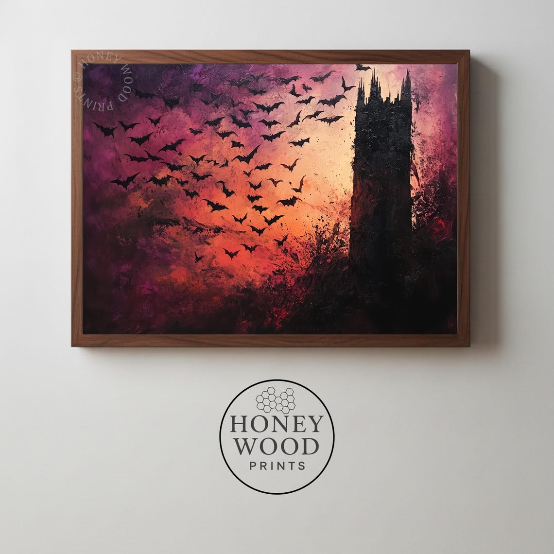 Gothic Bell Tower Bats Spooky Sunset Halloween Oil Painting Poster