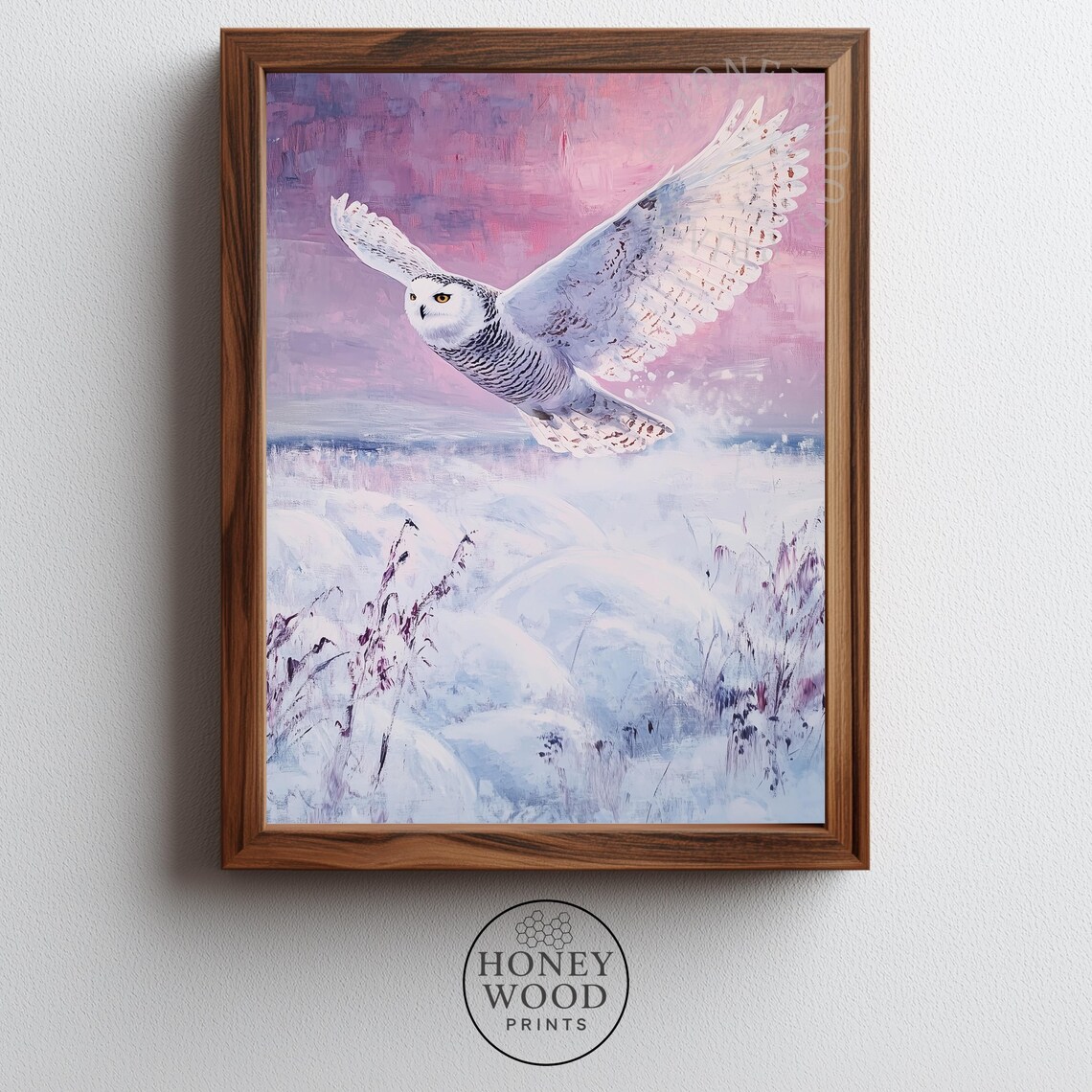 Snowy Owl in Flight Winter Landscape Vintage Oil Painting Bird Poster