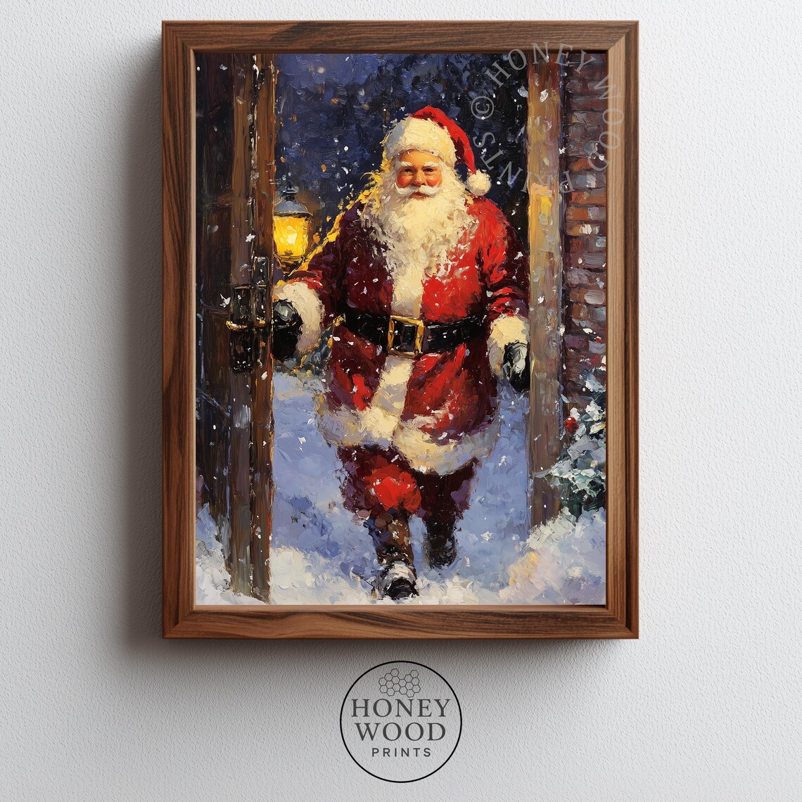 Santa Claus Arriving at Snowy Doorway Night Christmas Art Poster