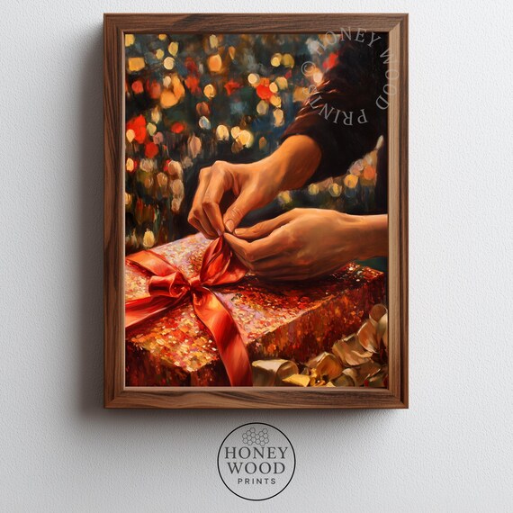 Christmas Gift Wrapping Red Bow Warm Holiday Lights Art Poster