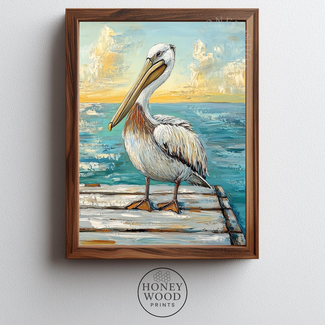 Coastal Pelican On Sunlit Dock Nautical Seabird Painting Poster