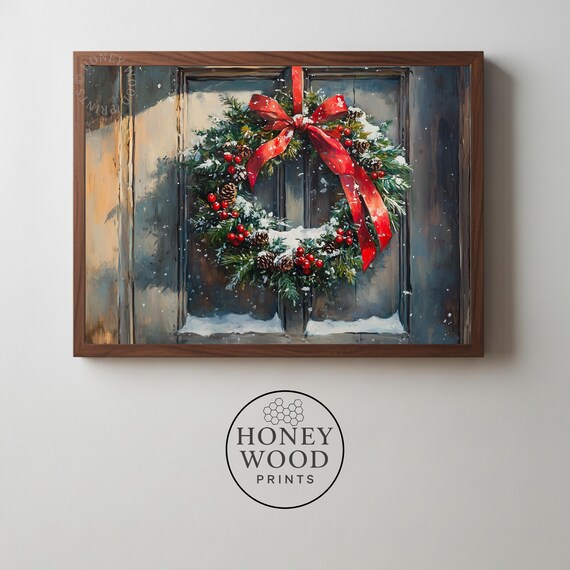 Christmas Wreath Old Wooden Door Oil Painting Red Bow Snow Holiday Print