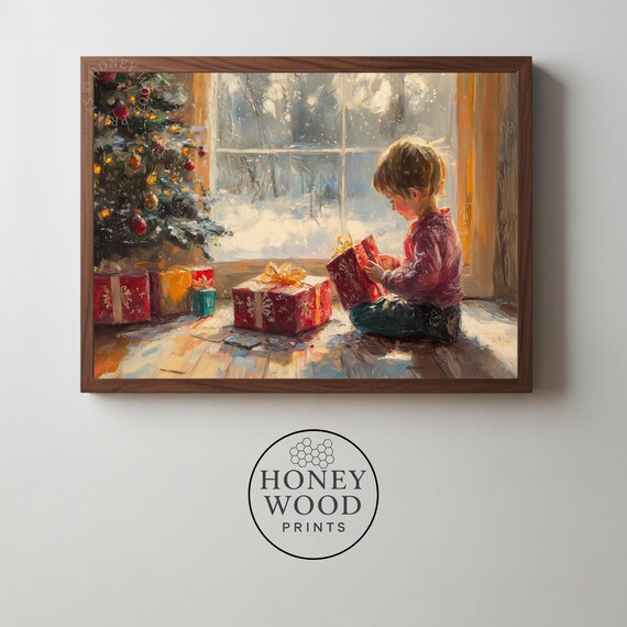 Cozy Christmas Morning Child Opening Gifts Vintage Painting Poster
