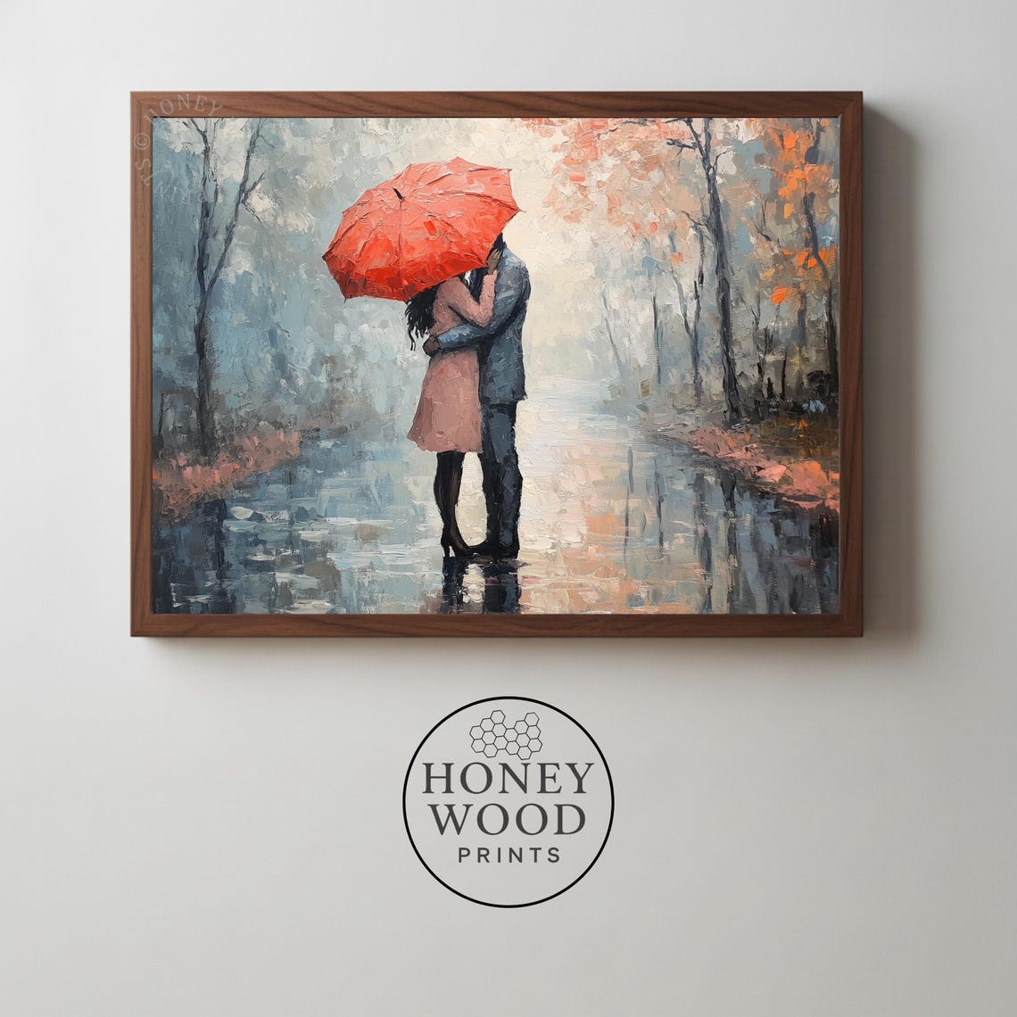 Couple Under Red Umbrella Moody Rainy Autumn Street Wall Art