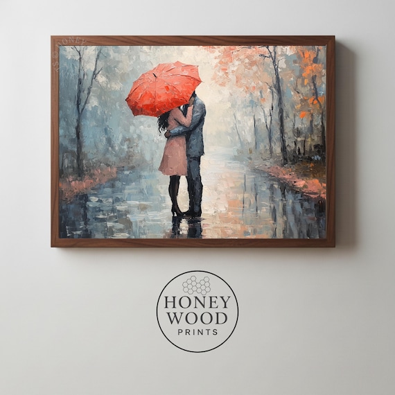 Romantic Couple Under Red Umbrella Print Moody Impressionistic Style Vintage Fall Rainy Day Cozy Autumn Scene Wall Art 161