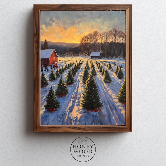 Snowy Christmas Tree Farm at Sunset Rustic Winter Landscape Art Poster