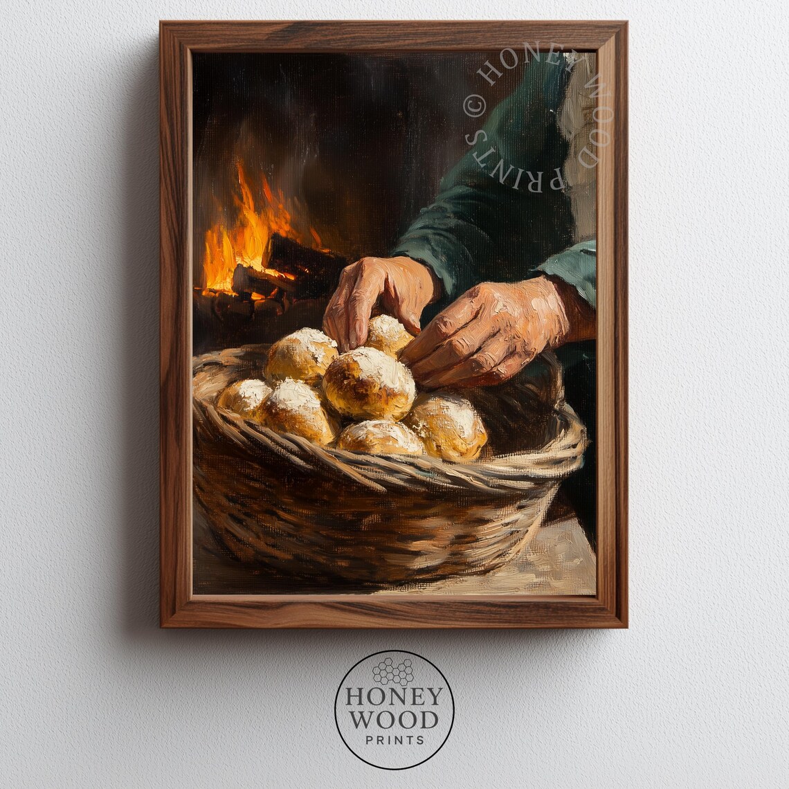 Fresh Bread Rolls In Basket By Fireplace Rustic Kitchen Painting Poster