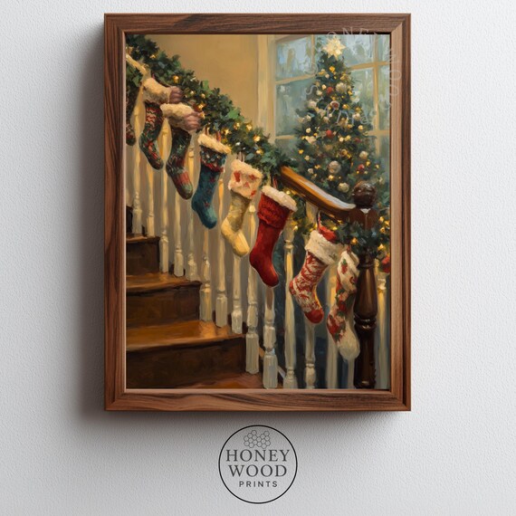 Christmas Stockings on Staircase with Garland Cozy Holiday Vintage Art Poster