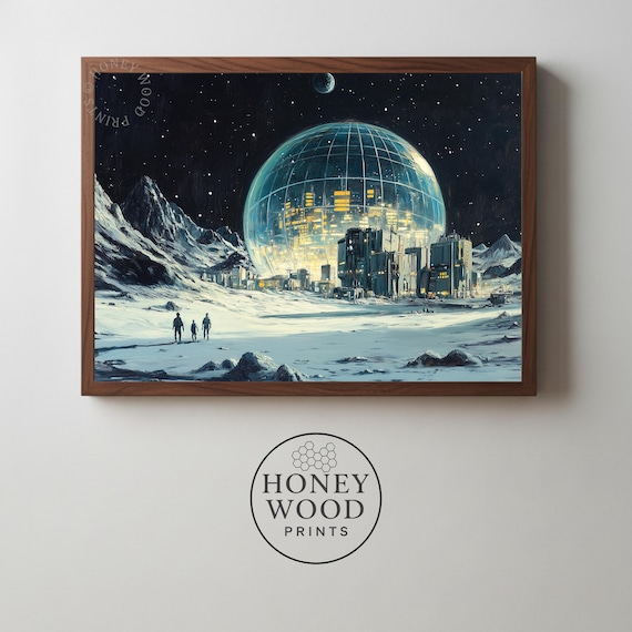 Moody Moon Colony Wall Art Retro Futuristic Scifi Painting Vintage Space Age Decor Astro Landscape 108