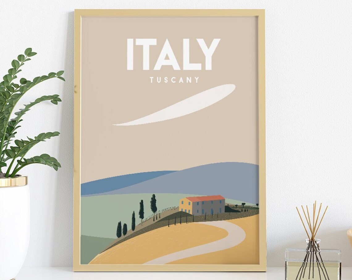 Italy Tuscany Travel Poster Rolling Hills Farmhouse Vintage Style