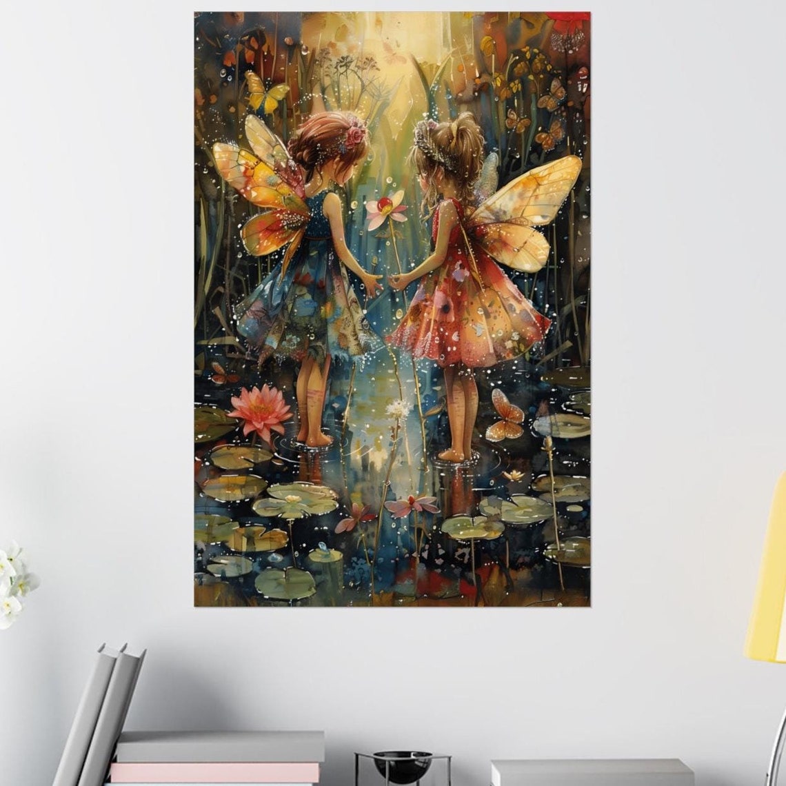 Two Fairies Holding Hands Lily Pond Golden Light Watercolor Poster