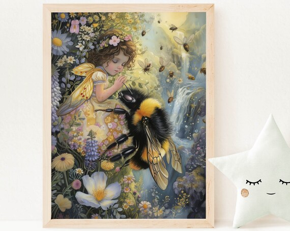 Little Fairy Girl Giant Bumblebee Wildflower Garden Fantasy Poster